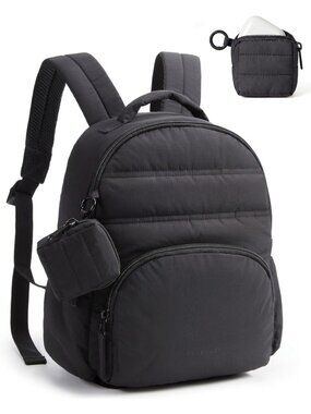 Women's Jet Black Lightweight Quilted Casual Travel Mini Backpack 2-in-1 Set Bag